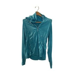 Bright Blue Ruched Hooded Long Sleeve Top with pockets and sleeve thumb holes